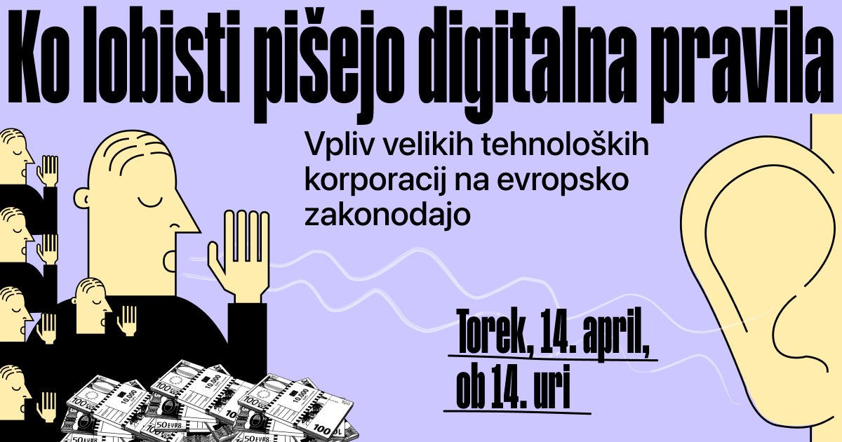 Ko lobisti pi&scaron;ejo digitalna pravila, ilustracija lobistov, ki pri&scaron;epetujejo v uho, denar.